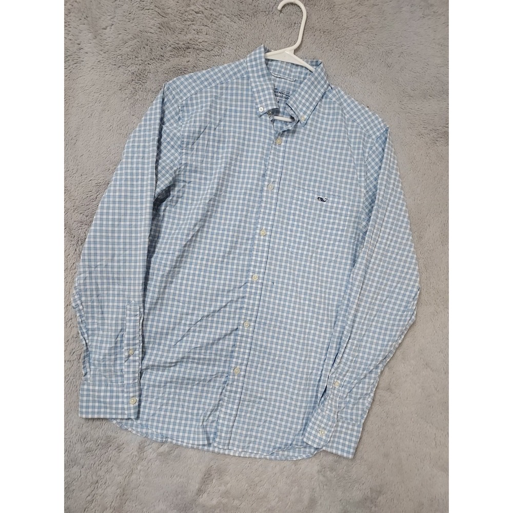 Vineyard Vines Shirt Men Small On The Go Performance Gingham Blue Stretch Preppy